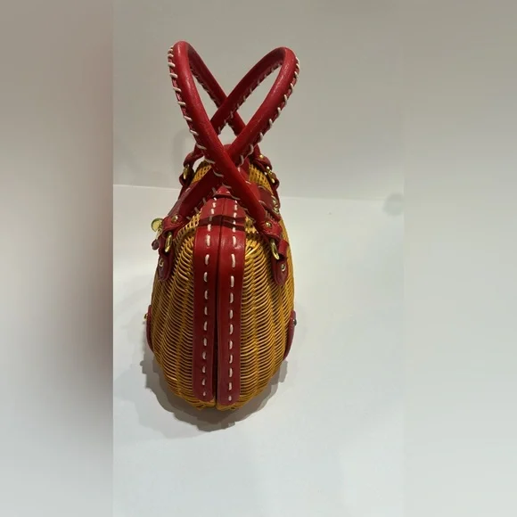 Red Leather Trimmed Woven Rattan Wicker Handbag Vintage chic elegant preppy bag - Picture 11 of 12